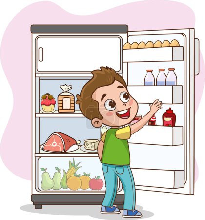 Téléchargez les illustrations : Illustration vectorielle d'enfants prenant une boisson au réfrigérateur - en licence libre de droit