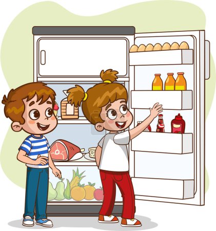 Illustration for Children taking food and drinks from the refrigerator - Royalty Free Image