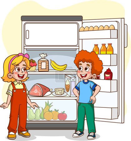 Illustration for Children taking food and drinks from the refrigerator - Royalty Free Image