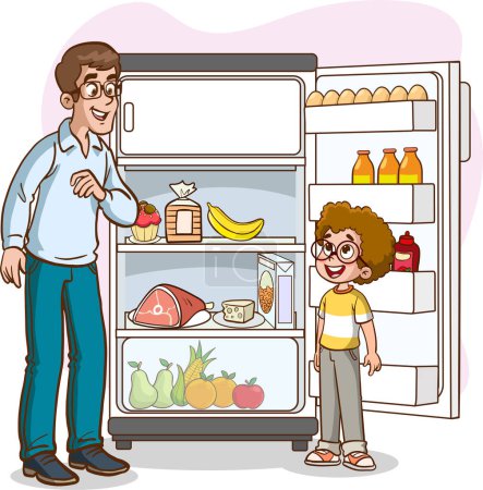 Téléchargez les illustrations : Illustration vectorielle de garçon et son père regardant le réfrigérateur.Le garçon demande à son père le jus dans le réfrigérateur. - en licence libre de droit