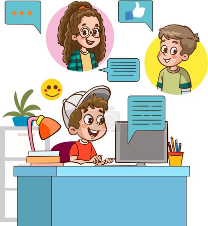 Illustration for Children with social media elements on white background illustration.Kids remote communication via internet. Happy boys and girl talking, chatting at distance. Flat vector illustration - Royalty Free Image