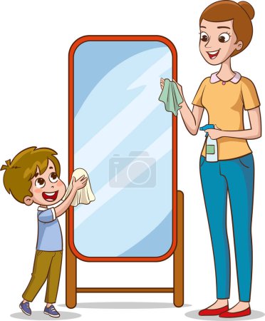 Téléchargez les illustrations : Petit garçon souriant aidant sa mère au ménage. Maman pulvérisation de détergent de la bouteille, fils nettoyage miroir de salle de bains avec chiffon. Femme et enfant. Conception vectorielle plate - en licence libre de droit