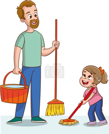 Illustration for Illustration of a Father and Daughter Cleaning the Floor with a Mop.Family housework. Parents and kids clean up house.Cartoon vector illustration isolated. - Royalty Free Image