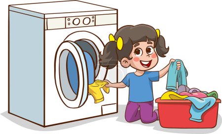 Ilustración de Niño lindo feliz lavan ropa con la máquina de lavar.Niños pequeños felices haciendo limpieza de las tareas domésticas - Imagen libre de derechos