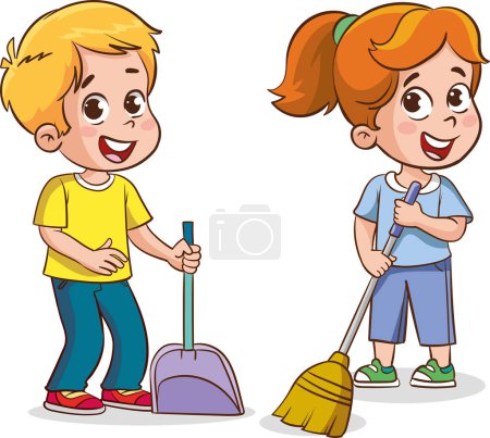 Téléchargez les illustrations : Petits enfants heureux faisant le ménage et le nettoyage ensemble - en licence libre de droit
