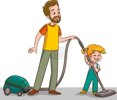 Illustration for Father and daughter vacuuming. Householding, apartment cleaning. Man and baby boy with vacuum cleaning vector illustration - Royalty Free Image