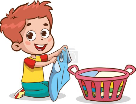 Téléchargez les illustrations : Illustration vectorielle d'enfants avec équipement de nettoyage ménager. - en licence libre de droit