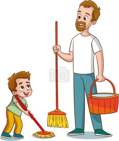 Ilustración de Trabajo doméstico familiar. Los padres y los niños limpian casa vector de dibujos animados - Imagen libre de derechos