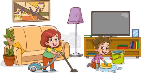 Téléchargez les illustrations : Garçon et fille nettoyer le salon avec une illustration d'aspirateur. - en licence libre de droit