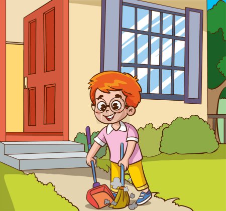 Illustration for Boy cleaning the house with a shovel. Vector illustration of a cartoon character. - Royalty Free Image