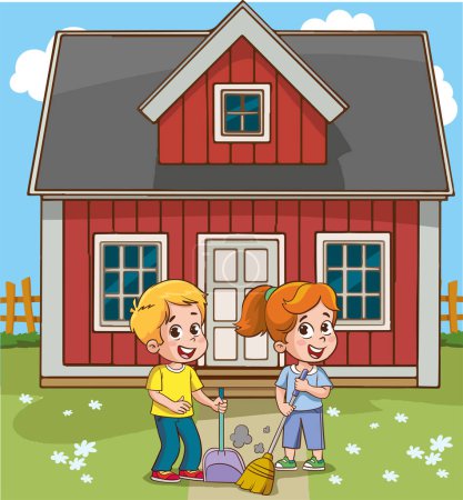 Illustration for Two kids in front of the house with shovel and rake illustration. - Royalty Free Image
