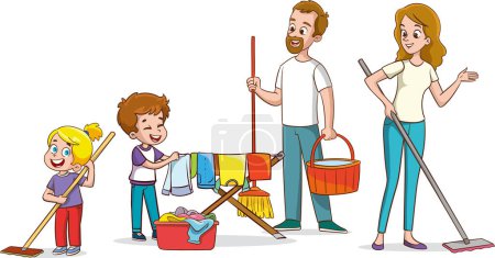 Ilustración de Familia feliz haciendo tareas domésticas. Ilustración de dibujos animados vectoriales de padres e hijos haciendo tareas domésticas. - Imagen libre de derechos