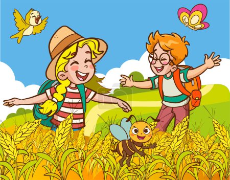 Téléchargez les illustrations : Garçon et fille dans le champ de blé. Illustration vectorielle d'enfants avec sacs à dos. - en licence libre de droit