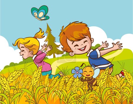 Ilustración de Niños jugando en el campo de trigo. Ilustración vectorial de niños jugando en el campo de trigo - Imagen libre de derechos