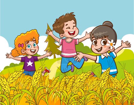 Illustration for Happy children playing in wheat field. Vector illustration of kids having fun outdoors. - Royalty Free Image