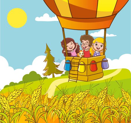 Illustration for Children on a hot air balloon in the field. Vector illustration. - Royalty Free Image
