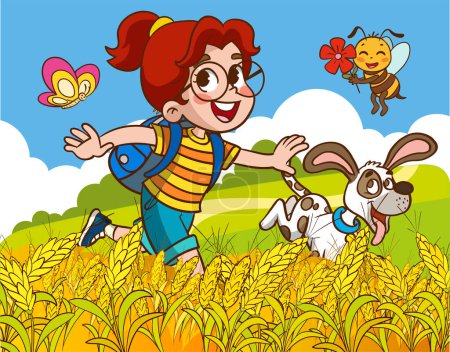Ilustración de Chica con perro y abeja en el campo. Ilustración vectorial del personaje de dibujos animados. - Imagen libre de derechos