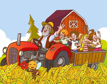 Ilustración de Dibujos animados ilustración de la familia feliz divirtiéndose en la granja con tractor. - Imagen libre de derechos