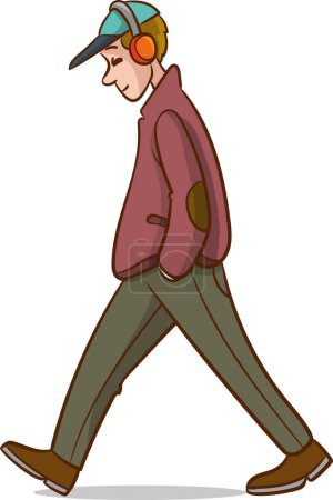 Téléchargez les illustrations : Illustration d'un homme portant un casque marchant et écoutant de la musique - en licence libre de droit