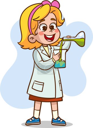 Illustration for Vector illustration of a children in a lab coat and glasses holding a flask with chemical liquid - Royalty Free Image