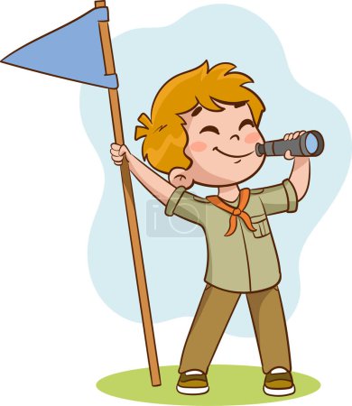 Ilustración de Ilustración de un niño explorador sosteniendo una bandera y mirando a la cámara - Imagen libre de derechos