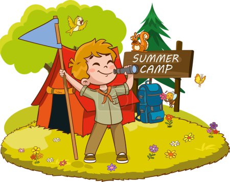 Ilustración de Niño explorador con bandera y prismáticos. Ilustración vectorial. - Imagen libre de derechos