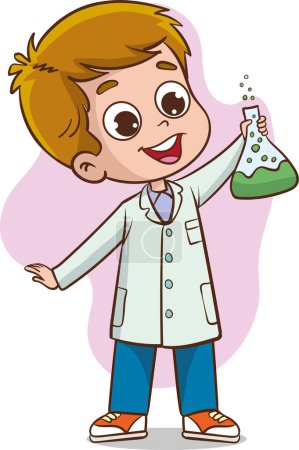 Téléchargez les illustrations : Illustration vectorielle d'un garçon en blouse de laboratoire et lunettes tenant une fiole avec un liquide chimique - en licence libre de droit