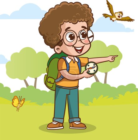 Ilustración de Niño con mochila y mapa mirando brújula. Ilustración vectorial en estilo de dibujos animados - Imagen libre de derechos