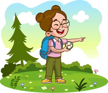 Ilustración de Niña con mochila y mapa mirando brújula. Ilustración vectorial en estilo de dibujos animados - Imagen libre de derechos