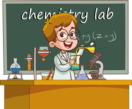 Illustration for Vector illustration of a chemistry lesson with a cute students in a lab. - Royalty Free Image