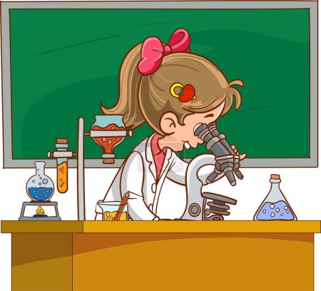 Téléchargez les illustrations : Illustration vectorielle d'une leçon de chimie avec un mignon étudiant dans un laboratoire. - en licence libre de droit