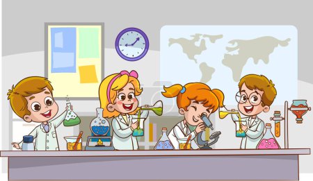 Téléchargez les illustrations : Illustration vectorielle d'une leçon de chimie avec un mignon étudiant dans un laboratoire. - en licence libre de droit
