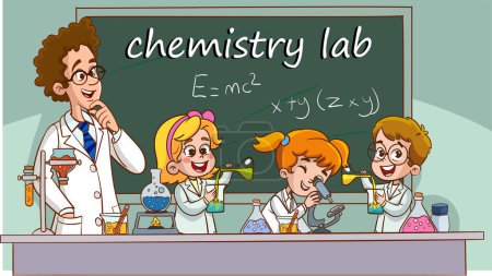 Illustration for Vector illustration of a chemistry lesson with a cute students in a lab. - Royalty Free Image
