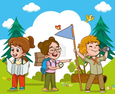 Téléchargez les illustrations : Illustration vectorielle des enfants Camping et trekking - en licence libre de droit