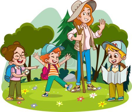 Illustration for Vector Illustration Of Kids Camping and trekking - Royalty Free Image