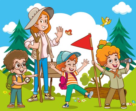 Ilustración de Ilustración vectorial de niños Camping y trekking - Imagen libre de derechos