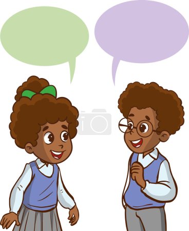 Téléchargez les illustrations : Illustration d'un petit garçon et d'une petite fille parlant avec des bulles de discours vides - en licence libre de droit