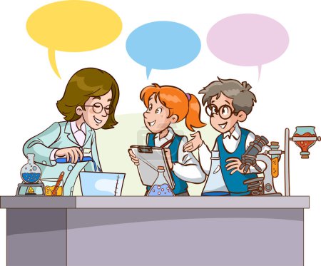 Illustration for Teacher and students working in a chemistry class. Cartoon vector illustration. - Royalty Free Image