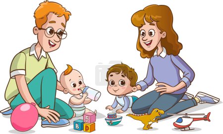 Ilustración de Madre y padre jugando con su bebé. Ilustración vectorial de una familia de dibujos animados. - Imagen libre de derechos