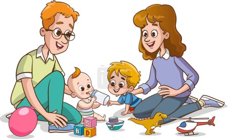 Ilustración de Madre y padre jugando con su bebé. Ilustración vectorial de una familia de dibujos animados. - Imagen libre de derechos