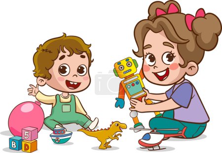 Ilustración de Vector Ilustración de niños jugando con un robot de juguete y juguetes - Imagen libre de derechos
