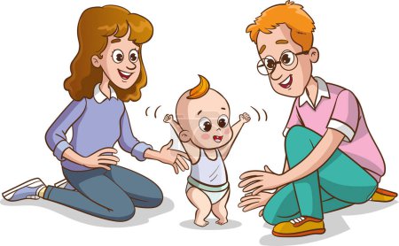 Téléchargez les illustrations : Mère et père essayant de promener leur bébé Illustration vectorielle d'une famille de dessins animés. - en licence libre de droit