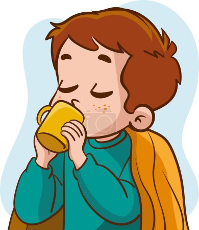Téléchargez les illustrations : Illustration vectorielle de garçon malade buvant du thé chaud - en licence libre de droit