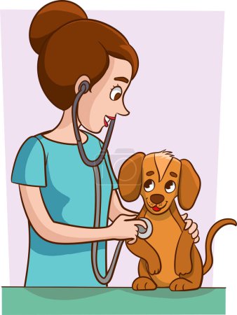 Téléchargez les illustrations : Illustration d'une vétérinaire femelle tenant un chiot - en licence libre de droit