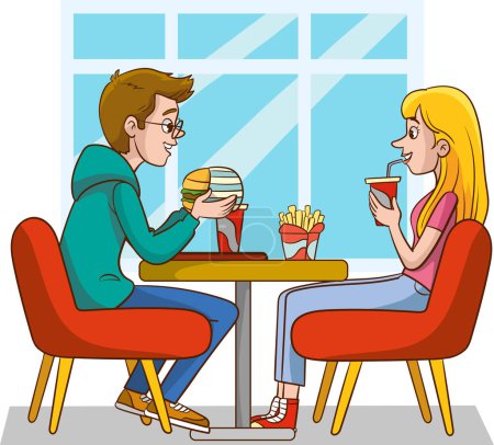 Ilustración de Ilustración de un hombre y una mujer sentados en un restaurante de comida rápida - Imagen libre de derechos
