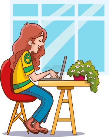 Ilustración de Mujer trabajando en un portátil en casa. Ilustración vectorial en estilo de dibujos animados. - Imagen libre de derechos
