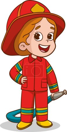 Téléchargez les photos : Illustration d'une petite fille pompier portant un costume d'incendie - en image libre de droit