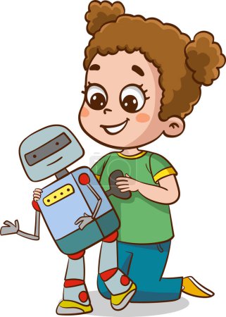 Illustration for Vector illustration of children playing with robot - Royalty Free Image