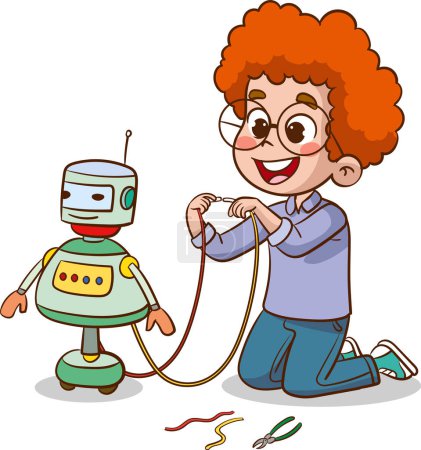 Téléchargez les illustrations : Illustration vectorielle d'enfants jouant avec un robot - en licence libre de droit