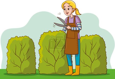 Téléchargez les illustrations : Jardinière femme avec cisailles dans le jardin illustration vectorielle conception graphique - en licence libre de droit